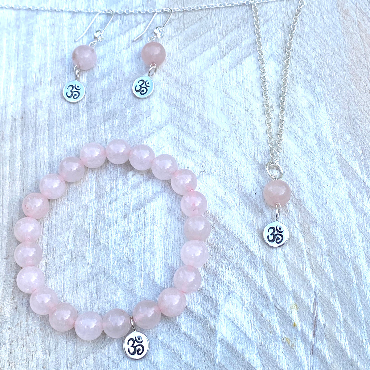 Sterling Silver Yoga Inspired Ohm Set with Rose Quartz to Hear the Sound of the Universe