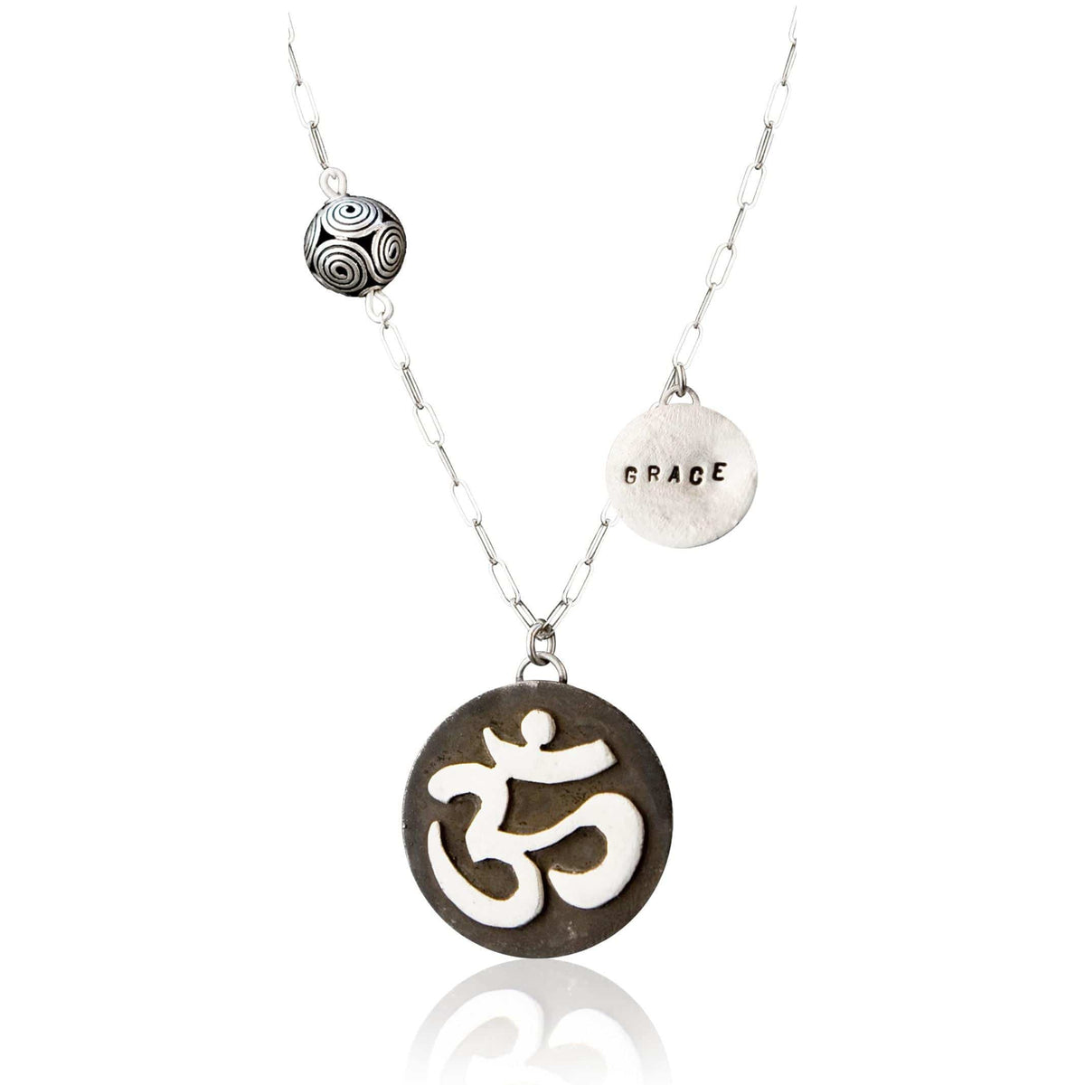Sterling Silver Yoga and Meditation Necklace with Ohm and Grace Charms