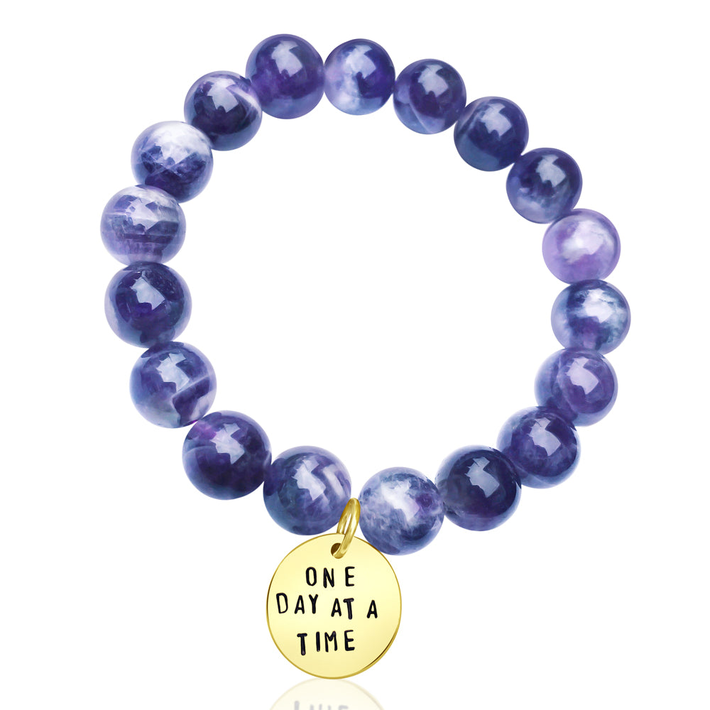 Gold One Day at a Time Inspirational Bracelet with Amethyst