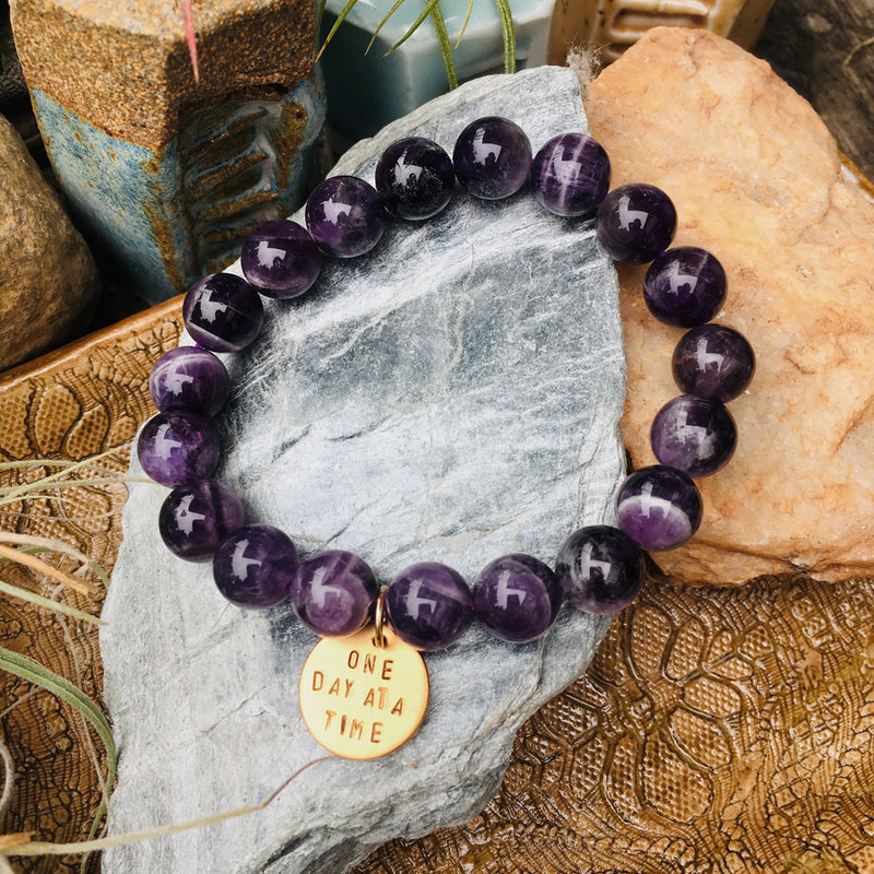 Gold One Day at a Time Inspirational Bracelet with Amethyst