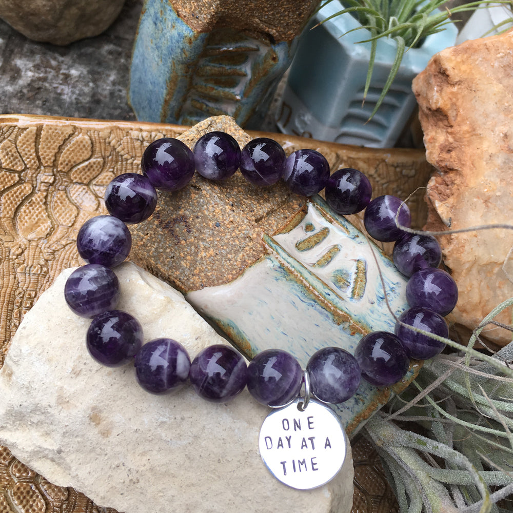 One Day at a Time Affirmation Bracelet with Amethyst