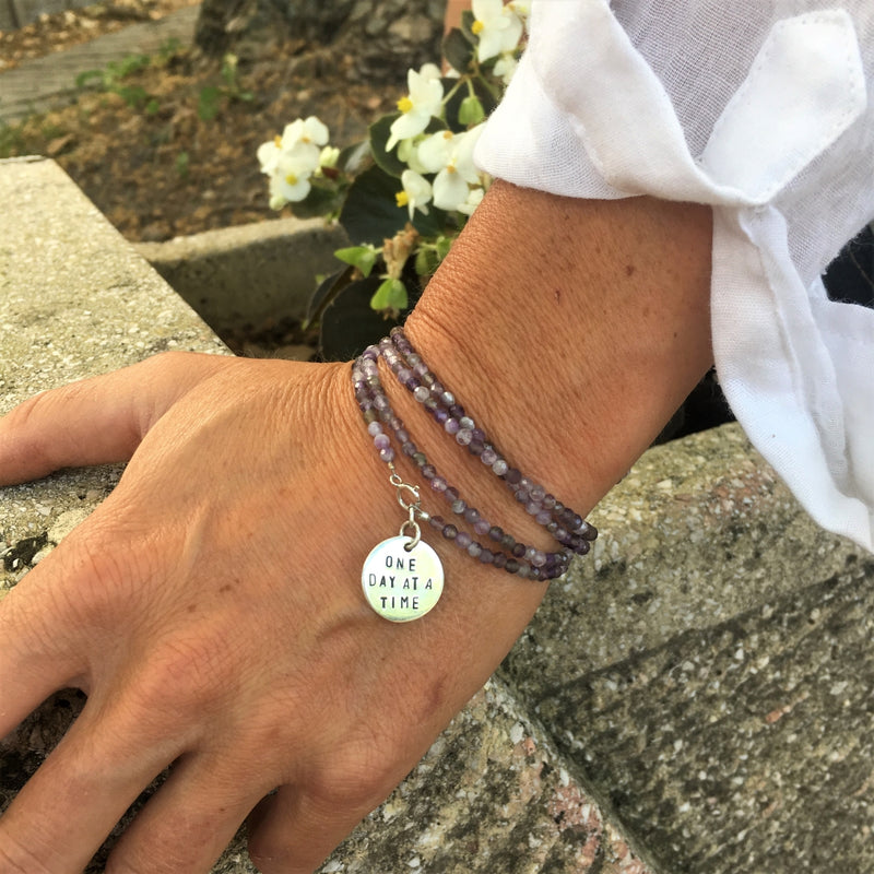 One Day at a Time - Inspirational Amethyst Wrap Bracelet. Calming and Stress Relief Bracelet.