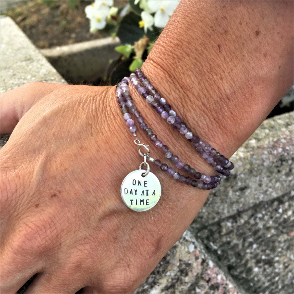 One Day at a Time - Inspirational Amethyst Wrap Bracelet. Calming and Stress Relief Bracelet.