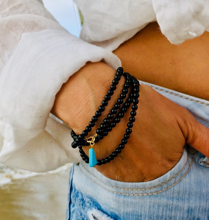 Black Onyx Wrap Bracelet for Self-Control with a Turquoise Dangle Charm