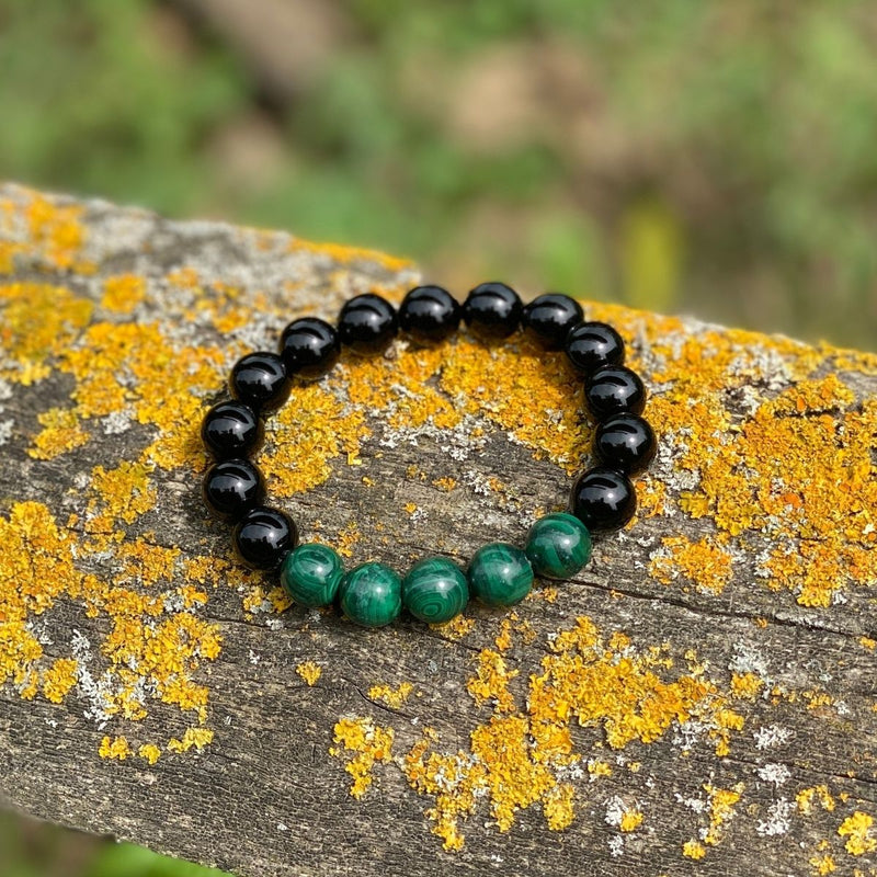 Unisex Black Onyx and Malachite Bracelet for Strong Protection. Best Crystals for Protection, Best Crystals for Self Control and Best crystals for Grounding and  being Rooted.