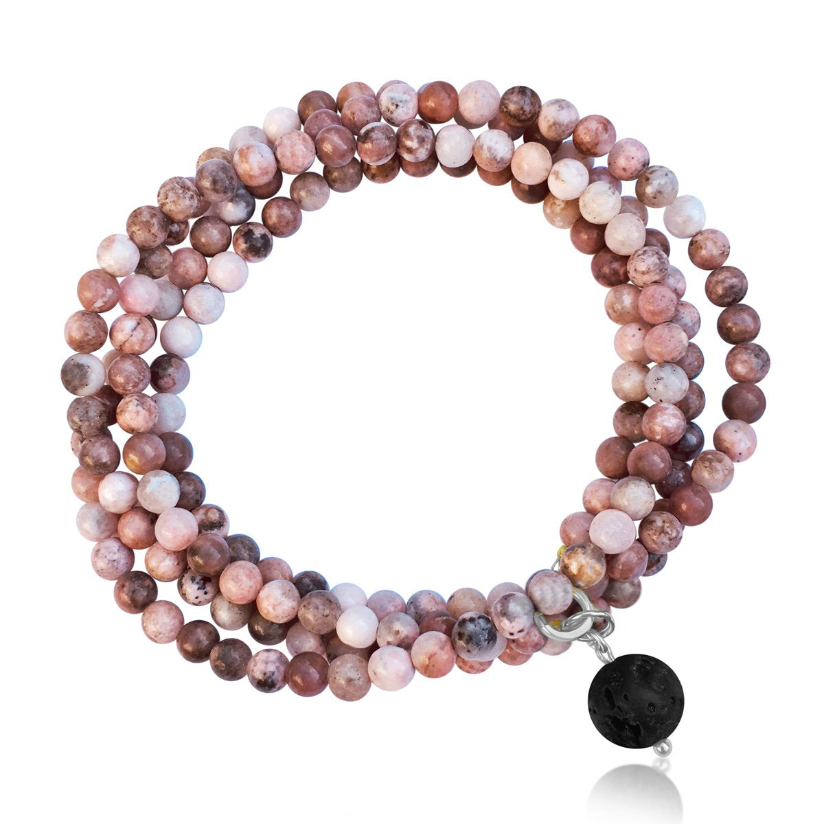 Peach Pink & Rose Tan Earth Toned Jasper Wrap Bracelet with a Lava Stone Dangle for Protection. Jasper is the best gemstone for protection. Earth Toned Jasper Bracelet for Connecting Your Mind Body and Spirit.