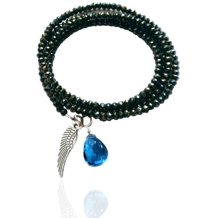 Protective Angel Wrap Bracelet with Aquamarine Quartz Charm on Midnight Dark Crystal