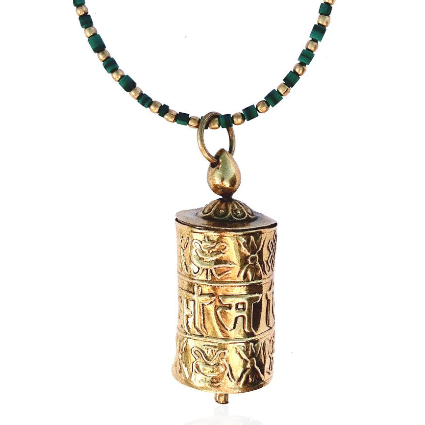 Golden Prayer Wheel on Malachite Necklace