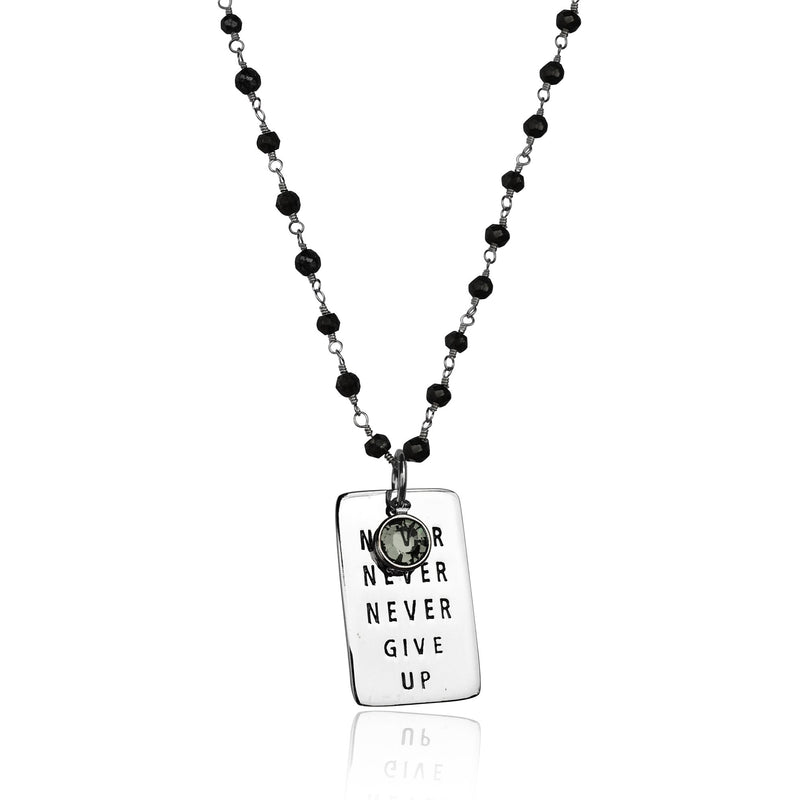 Inspirational Sterling Silver Never Give Up Dog Tag on Silver Wire Wrapped Pyrite Necklace.