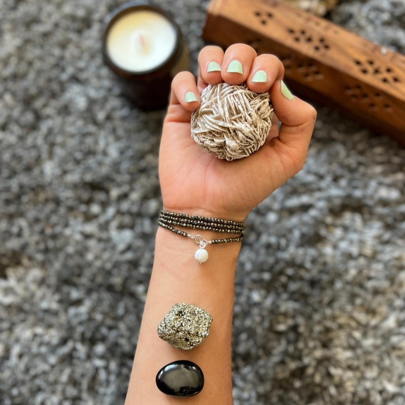Attract Abundance Wrap Bracelet with Pyrite. Pyrite is a potent stone when it comes to cultivating abundance and prosperity. Howlite strengthens memory and stimulates desire for knowledge. It teaches patience and helps to eliminate rage, pain and stress.