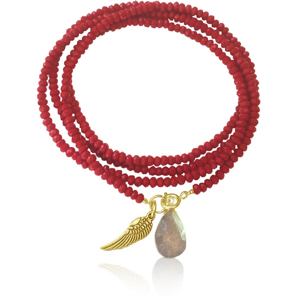 Lovely Thoughts Burgundy Red Crystal Wrap Bracelet with Angel Wing and Labradorite Charms