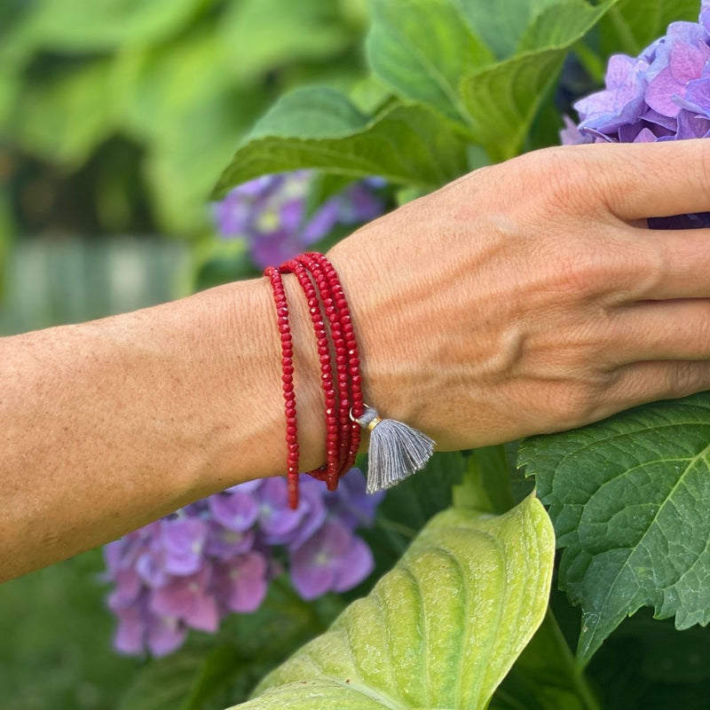 Wanderlust - Red Crystal Wrap Bracelet with a Tassel for Free Spirited Women. I am a Bohemian Gypsy at Heart - Mala Tassle Wrap Bracelet, Necklace, Anklet. You have the power to contribute to the world, or even change it.