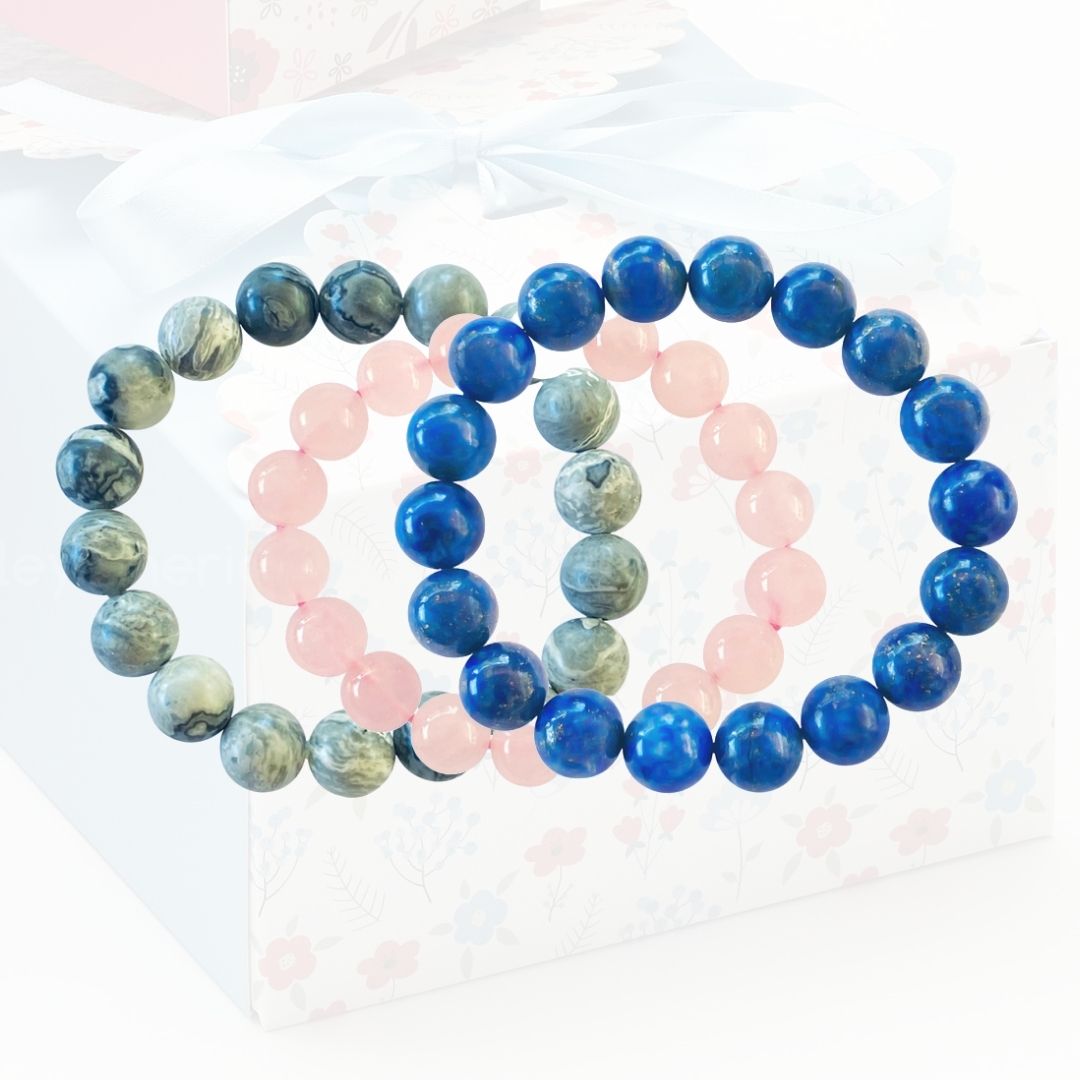 Jewelry to Repel Negativity: Lapis Lazuli Bracelet to Enhance the Magic of Your Own Mighty Will, Rose Quartz Bracelet for Compassion and Healing Your Heart and Jasper Mala Bracelet against Negativity.
