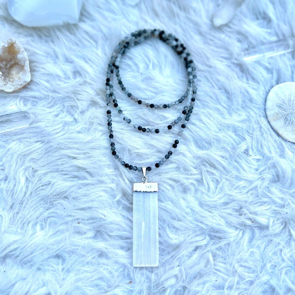 Rutilated Quartz and Selenite Necklace to Remove Mental and Emotional Blocks. 