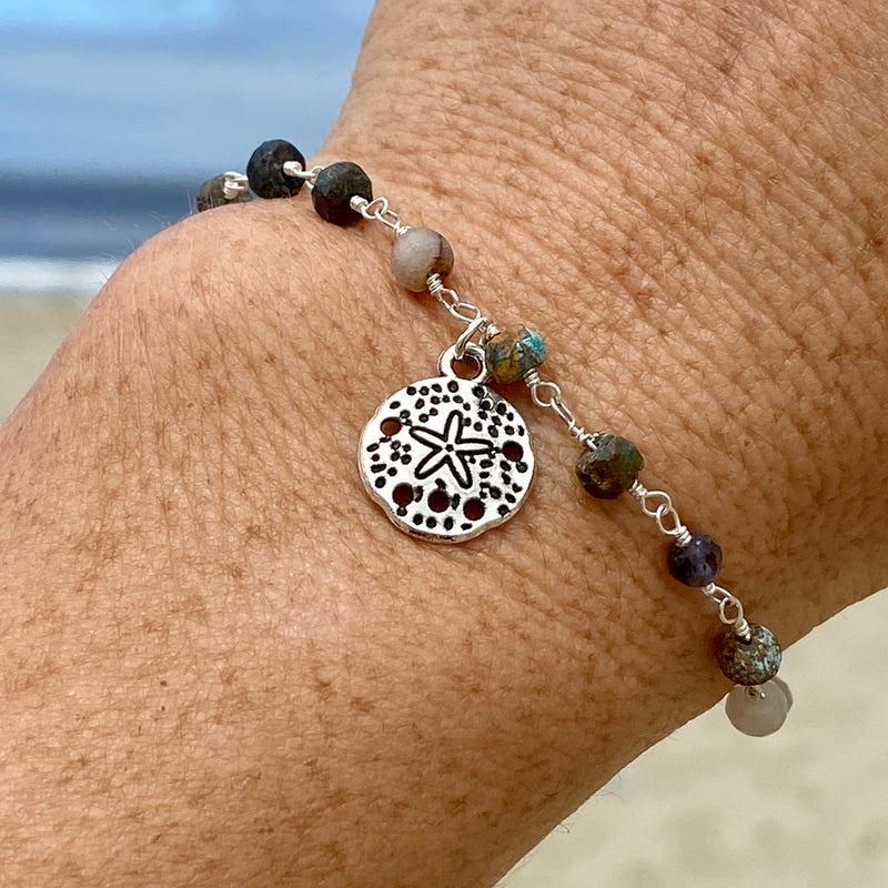 Mother Earth Anklet with Sand Dollar Beach Charm with a Mix of Semi-Precious Chakra Healing Stones 