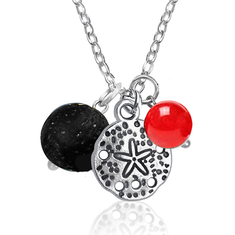 Ocean Inspired Sand Dollar Charm Necklace with Lava Stone and Red Jade
