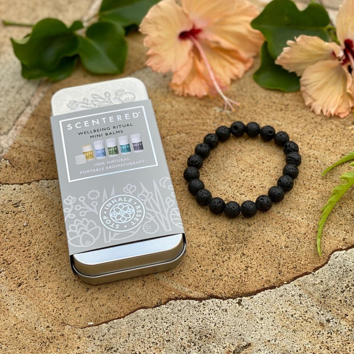 Lava Stone Bracelet for Calming Emotions.  Lava stone is excellent for calming emotions thanks to its grounding qualities. Holds essential oils for 8 hours. Mindful Aromatherapy Mini Balms with Lava Stone Bracelet for the perfect wellbeing ritual.