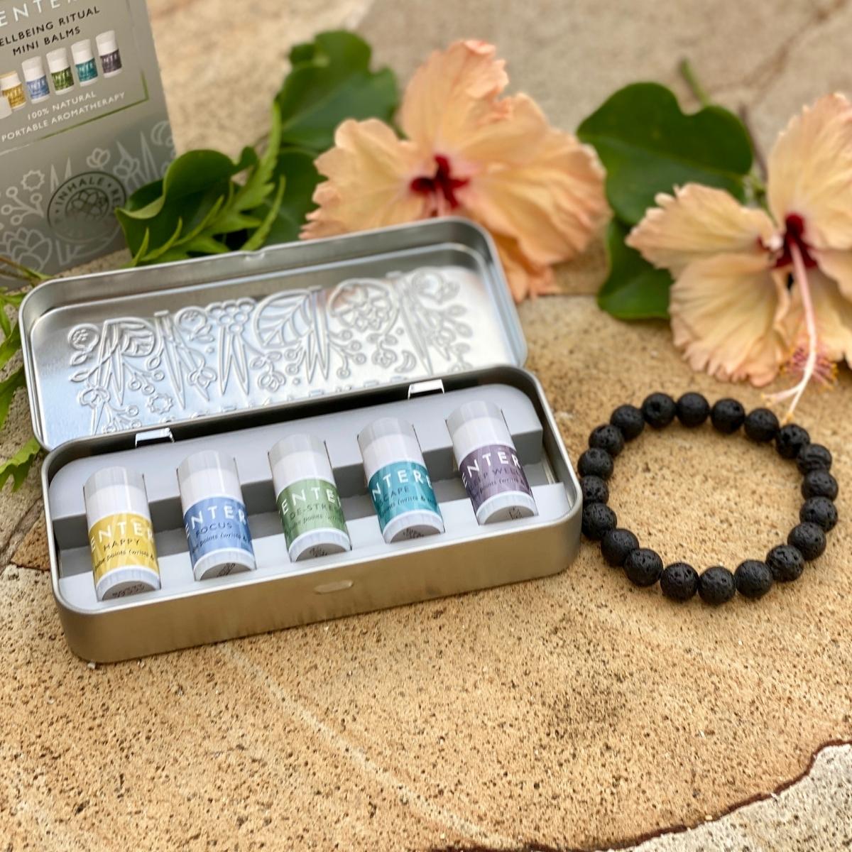 Lava Stone Bracelet for Calming Emotions.  Lava stone is excellent for calming emotions thanks to its grounding qualities. Holds essential oils for 8 hours. Mindful Aromatherapy Mini Balms with Lava Stone Bracelet for the perfect wellbeing ritual.