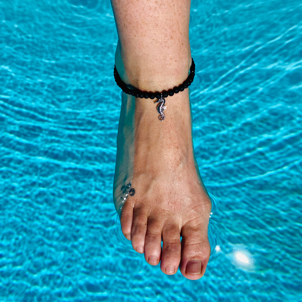 Ocean Inspired Seahorse Anklet with Lava Stone
