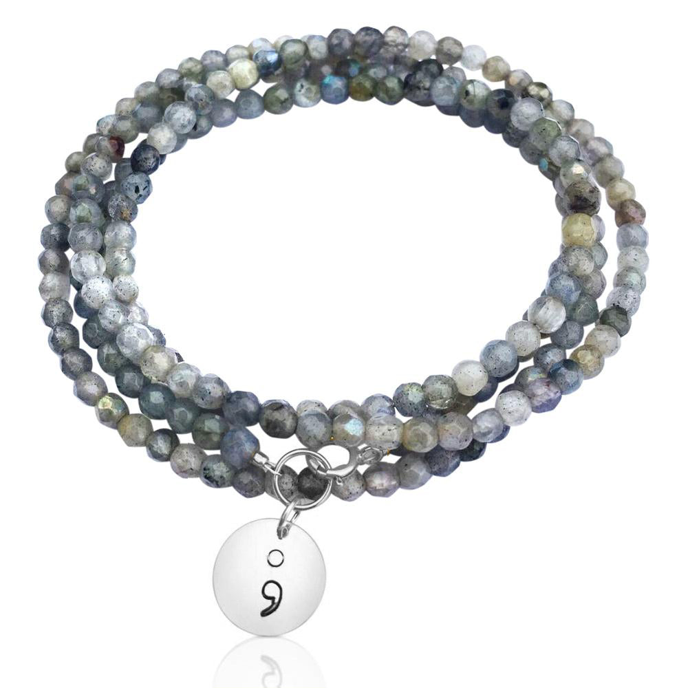 Labradorite Wrap Bracelet with Sterling Silver Semicolon Charm to represent the fact that you have complete power over yourself. depression jewelry, depression awareness jewelry, anxiety & depression jewelry, postpartum depression jewelry, depression recovery jewelry, depression meditation, depression wrap bracelet.