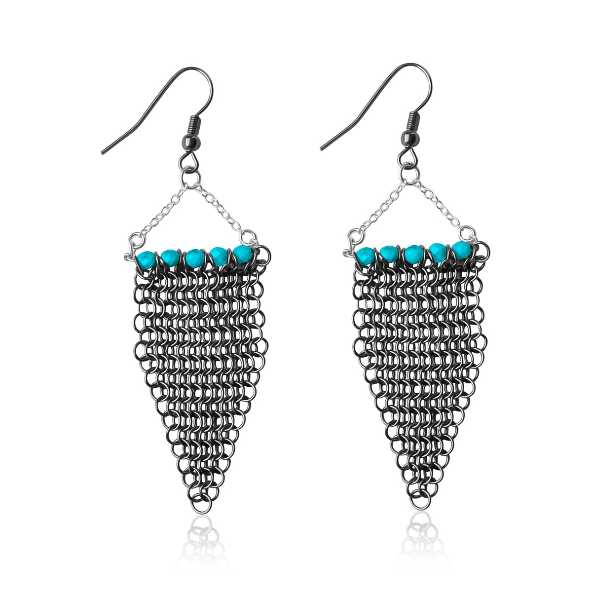 Repurposed Shark Chainmail Suit and Turquoise beads mixed with silver. Hanging on up-cycled aged earring hooks. for a more rustic and adventurous look. 