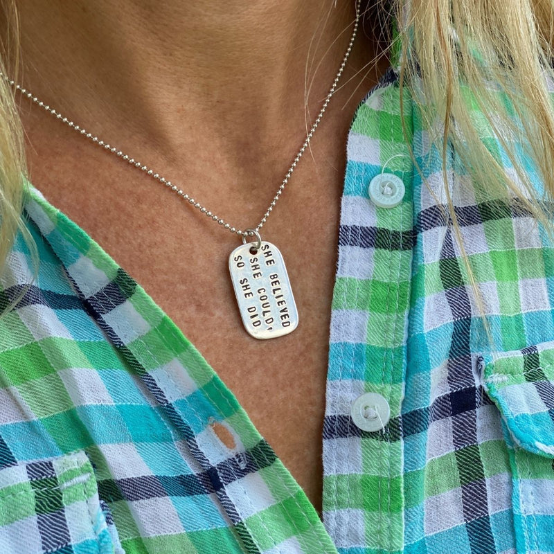 Sterling Silver She Believed She Could So She Did Necklace, Sterling Silver Affirmation Dog Tag Necklace.