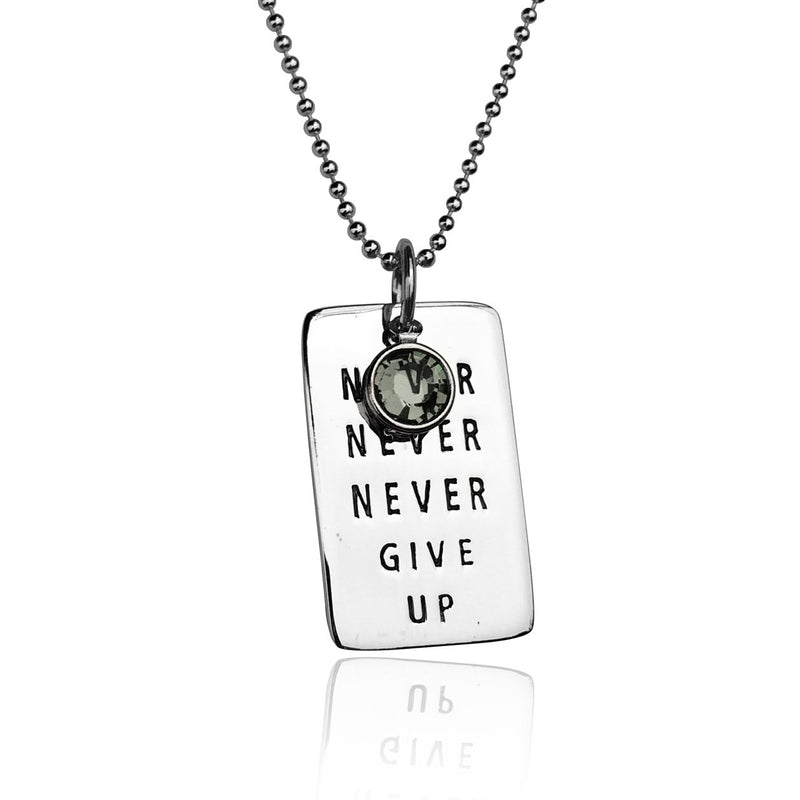 Never Give Up Sterling Silver Inspirational Dog Tag Necklace with Swarovski Crystal