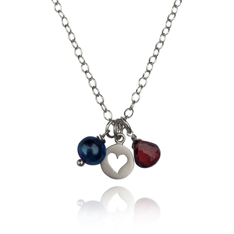 Attract Love - Sterling Silver Heart Necklace with Garnet and Fresh Water Pearl