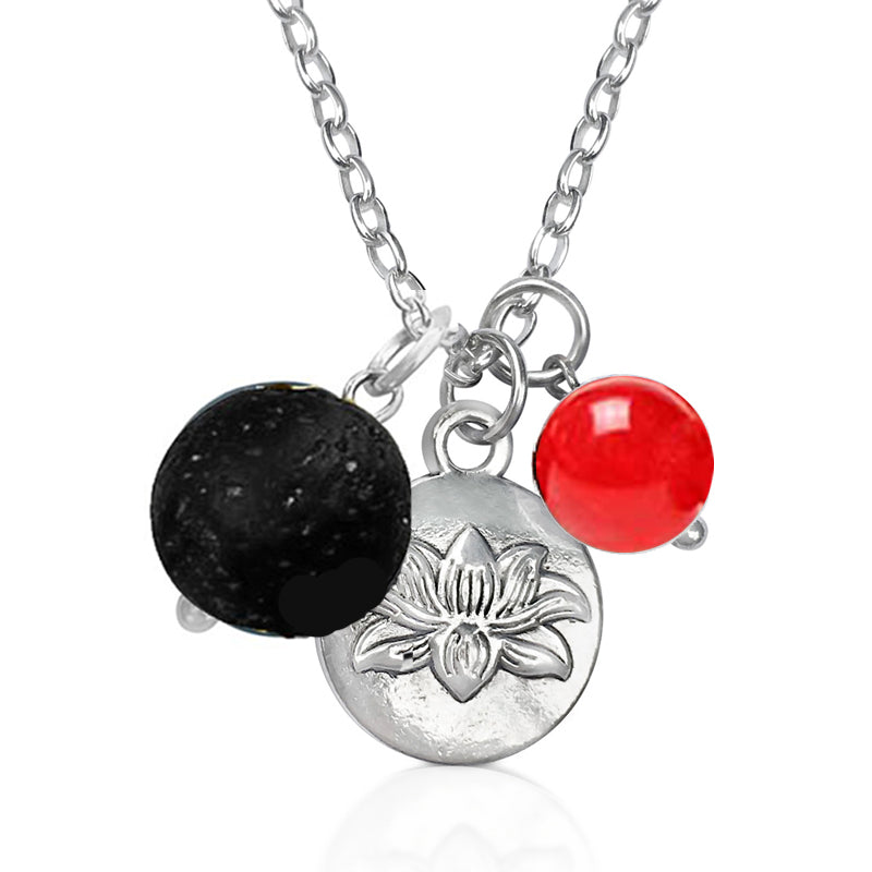 Yoga Inspired Lotus Charm Necklace with Lava Stone and Red Jade for Life-Force