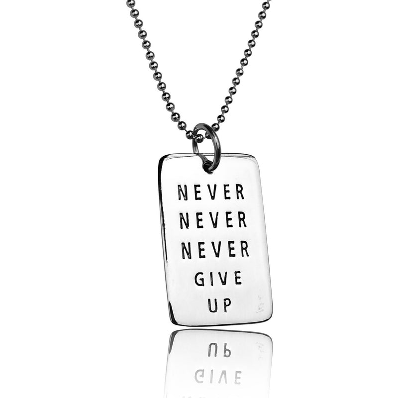 Never Give Up Sterling Silver Inspirational Dog Tag Necklace 