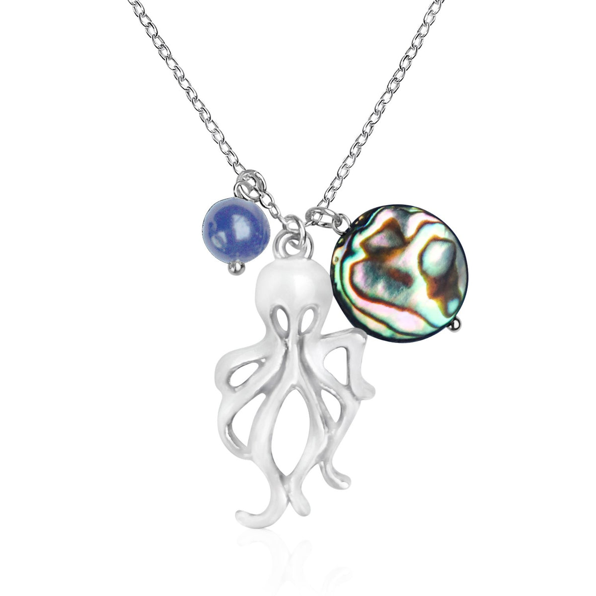 Octopus Silver EP Ocean Charm Necklace with Abalone and Lapis Lazuli Charms on Silver Necklace