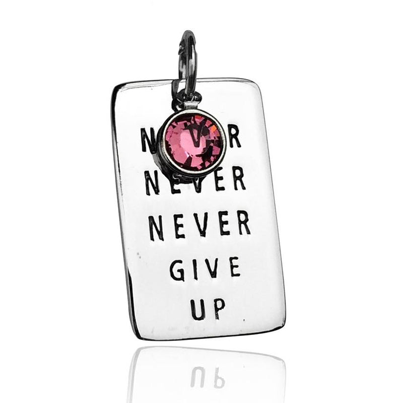 Never Give Up Sterling Silver Dog Tag with Crystal
