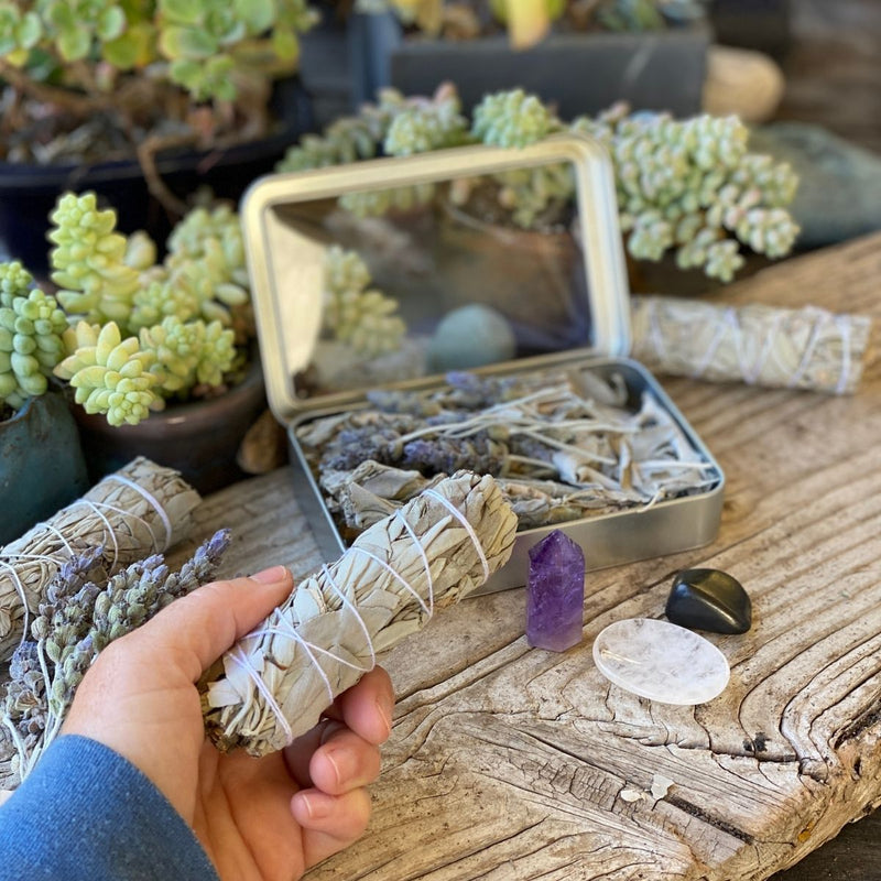 Unwind, Cleanse and Recharge your crystals, life & space with our new Ceremony Set: Amethyst Tower, Shungite, Quartz Crystal Worry Stone and California White Sage Smudge with a hint of Lavender.