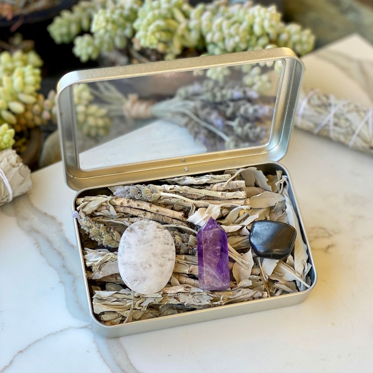 Unwind, Cleanse and Recharge your crystals, life & space with our new Ceremony Set: Amethyst Tower, Shungite, Quartz Crystal Worry Stone and California White Sage Smudge with a hint of Lavender.