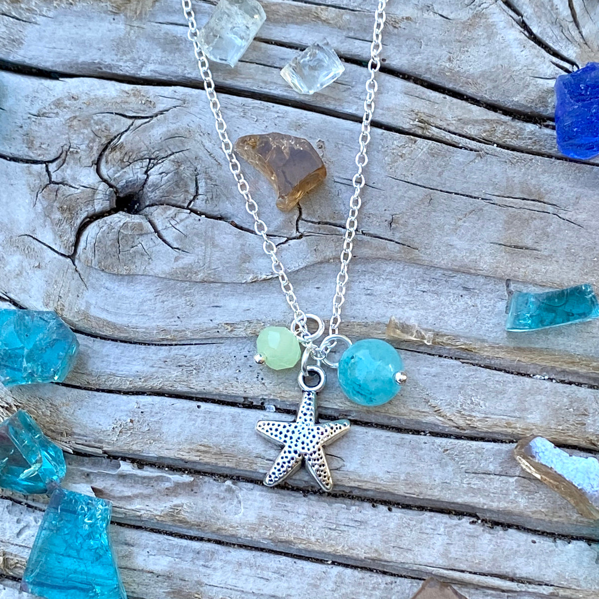 Starfish Ocean Charm Necklace with Ocean Green Foam Crystals