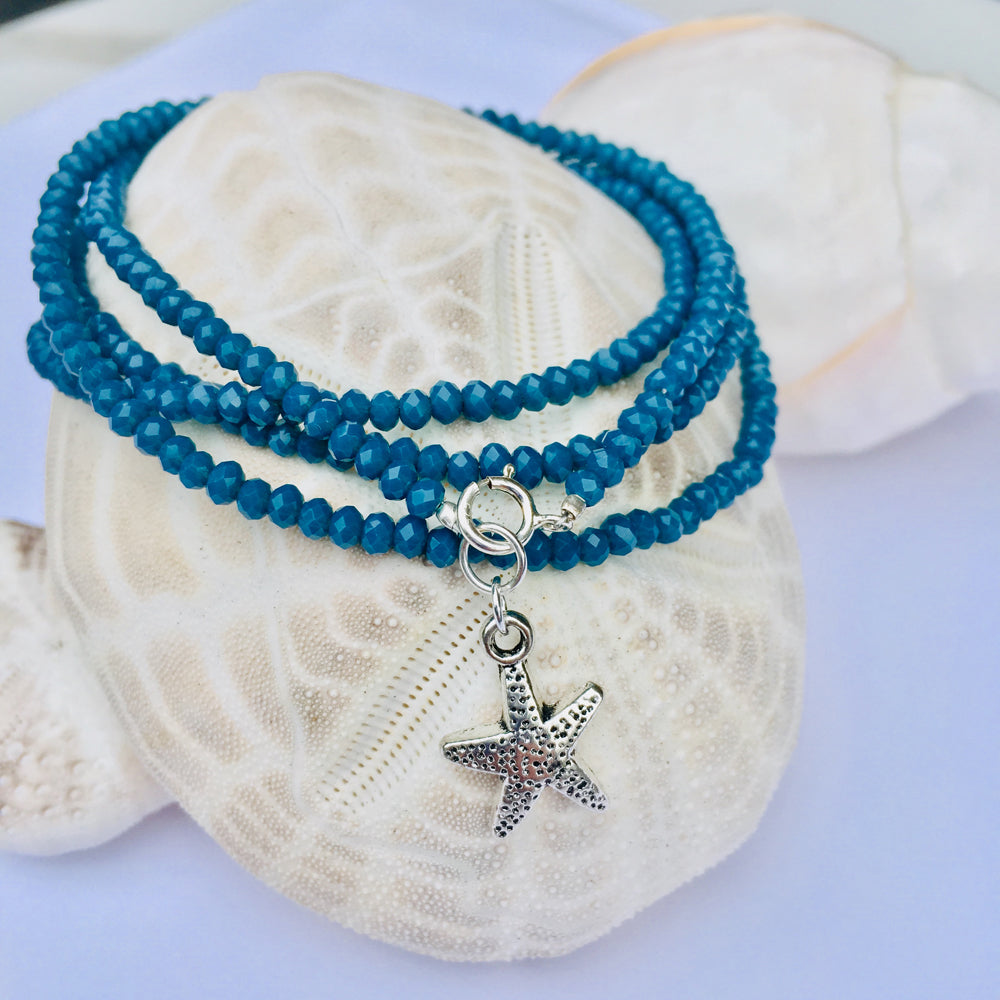 Teal Blue Crystal Wrap Bracelet with Starfish for Ocean Lovers