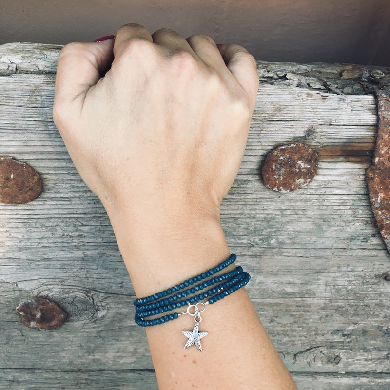Teal Blue Crystal Wrap Bracelet with Starfish for Ocean Lovers