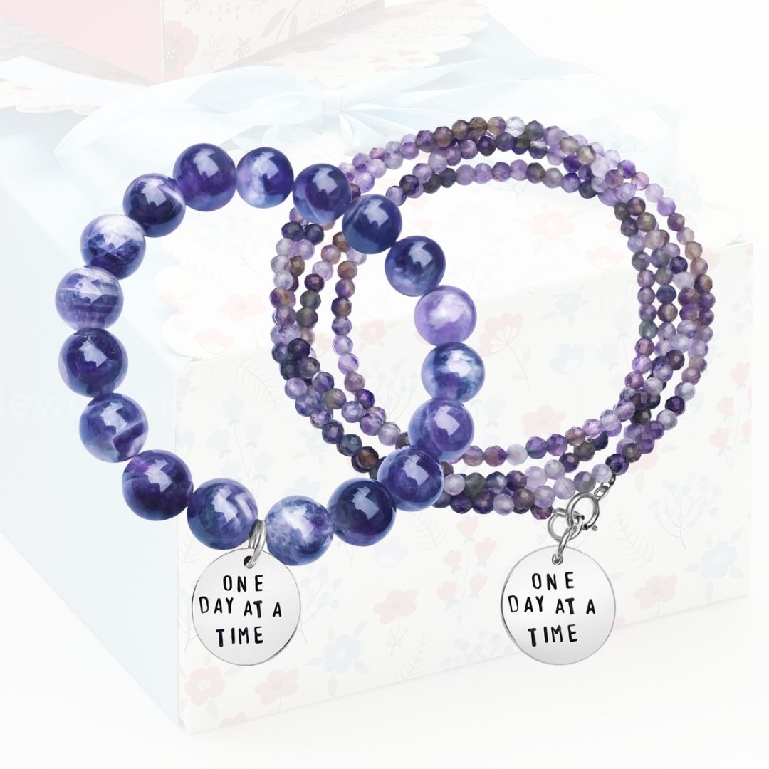 Stress Awareness Bracelets: One Day at a Time Inspirational Amethyst Bracelet and Wrap Duo