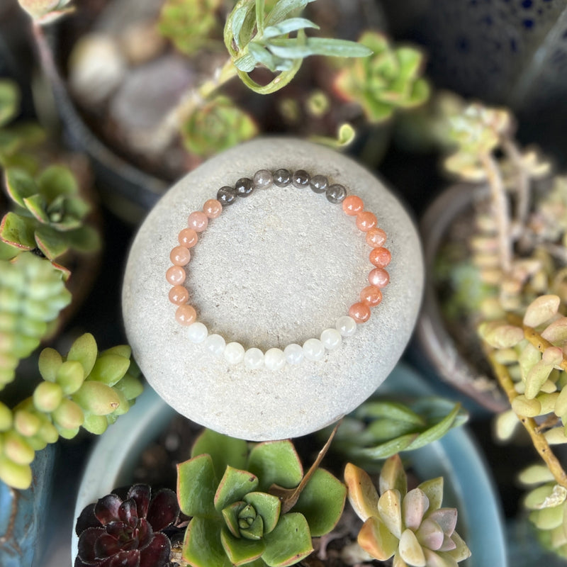 The Sun and Moon in Balance Bracelet. The Sun emerges the constant, Masculine, Original Source of Mind and Spirit from which all life emanates. The Moon is an expression of the reflection of Mother Earth and feminine nature. They need each other to be in balance, much like Yin and Yang.