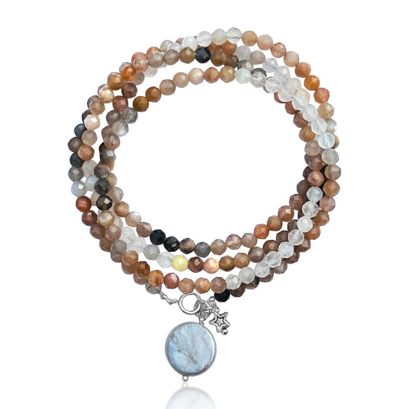 The Devine Sun & Moon Wrap Bracelet with Moonstone and Sunstone. Using the lunar energy of the moon and Moonstone can yield incredible healing results, both physically and mentally. Sunstone helps you to clear away limitations and negative energies by replacing them with light and high vibrations.