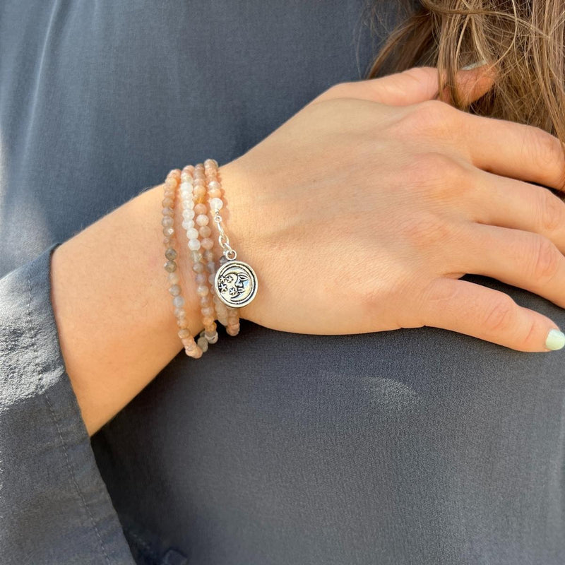 The Sun and Moon in Balance Wrap Bracelet. The Sun emerges the constant, Masculine, Original Source of Mind and Spirit from which all life emanates. The Moon is an expression of the reflection of Mother Earth and feminine nature. They need each other to be in balance, much like Yin and Yang.