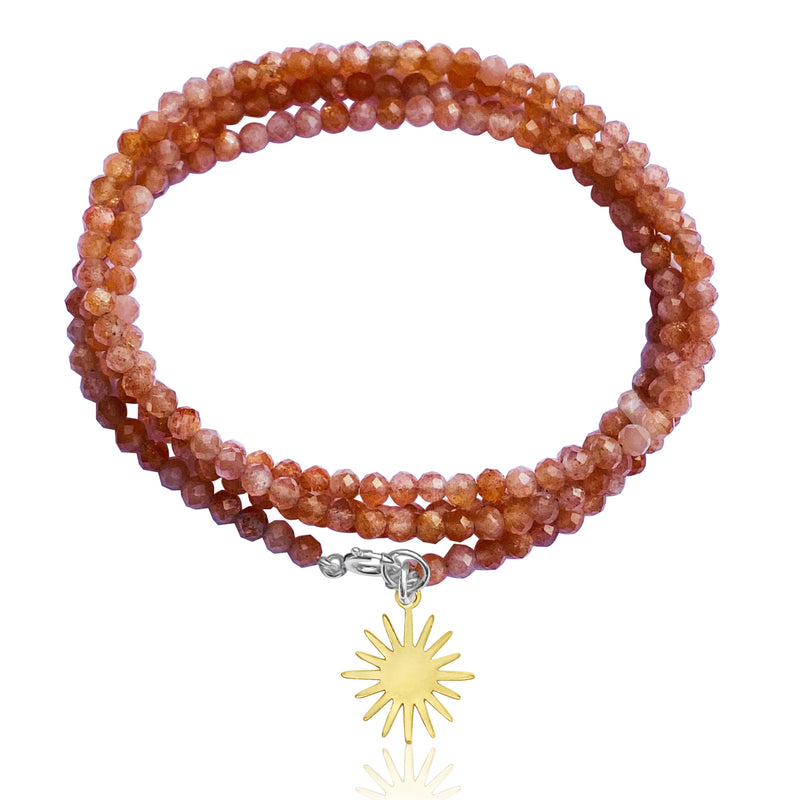 Sunstone Sunshine Happiness Wrap Bracelet to allow your real self to shine through happily. The Sunstone crystal stone meaning helps you to clear away limitations and negative energies by replacing them with light and high vibrations.  May this  sunstone wrap bracelet add a little more brightness to your inner spirit.