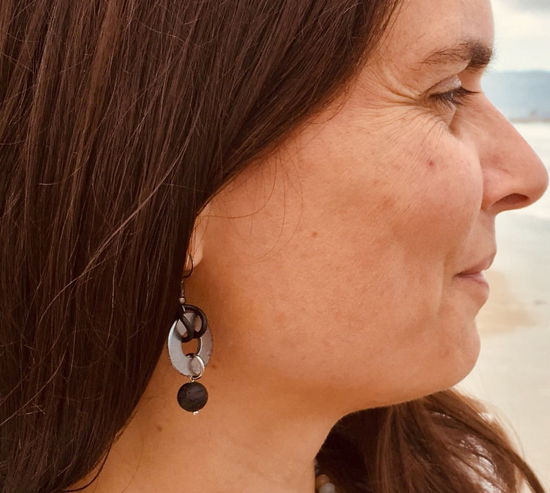 Zero Waste Earrings with up-recycled SCUBA parts and Lava  