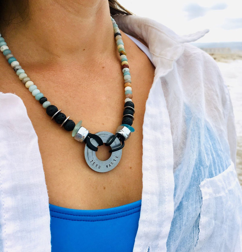 Zero Waste Necklace with up-recycled SCUBA parts, Amazonite, Sea Glass and Lava Stone 