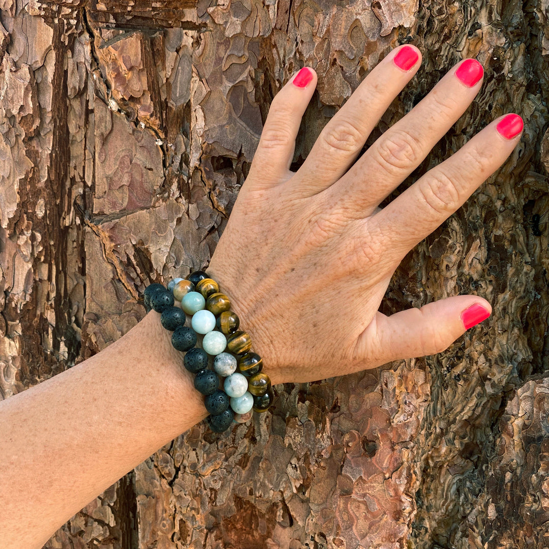 Lava Stone, Amazonite and Tiger Eye Bracelet Trio for Calming Emotions and Grounding and Feeling the Power Within.