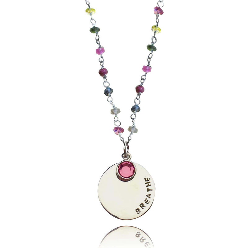 Sterling Silver BREATHE Pendant on Rainbow Color Tourmaline Necklace 
