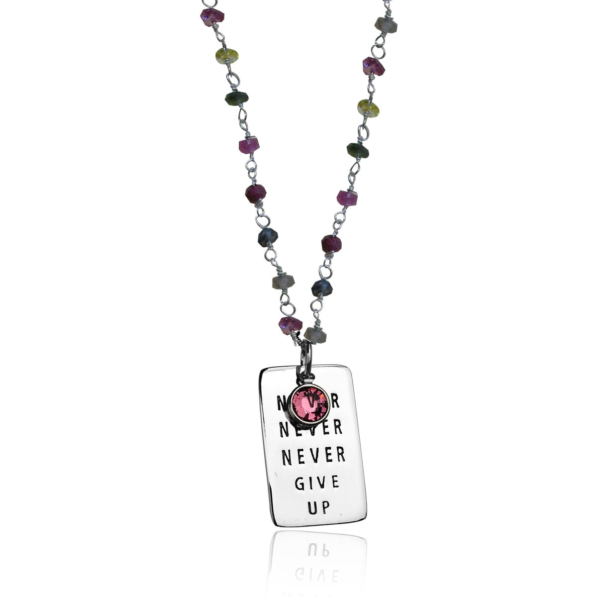 Inspirational Sterling Silver Never Give Up Dog Tag with Silver Wire Wrapped Tourmaline Necklace