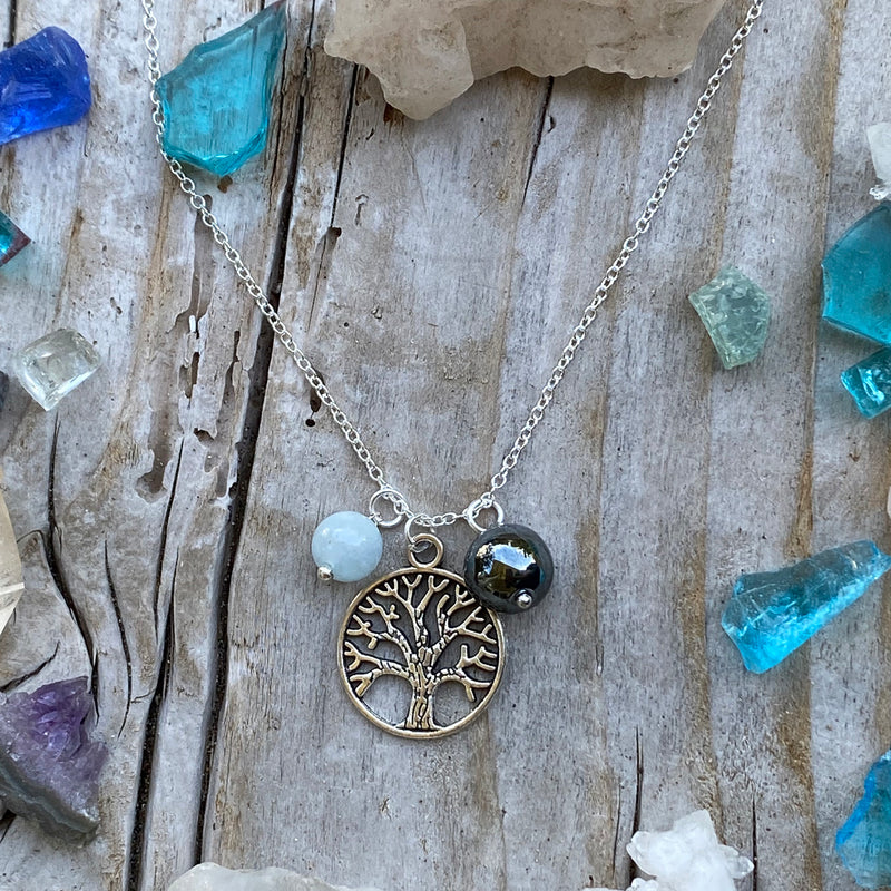 Silver Tree of Life Necklace for Grounding with Hematite and Aquamarine