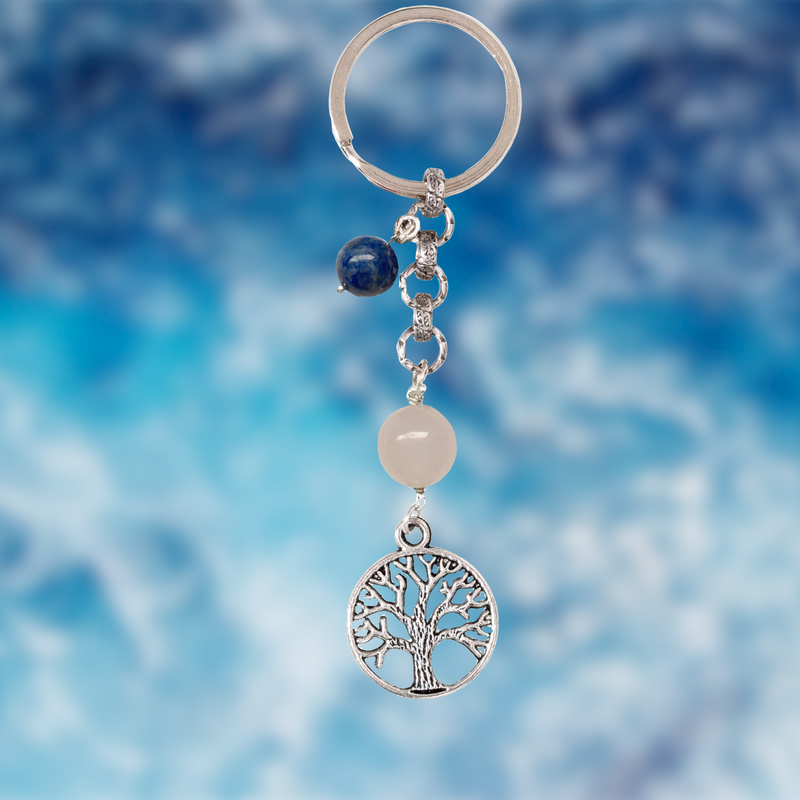 Tree of Life Keychain for Grounding with Rose Quartz and Lapis Lazuli