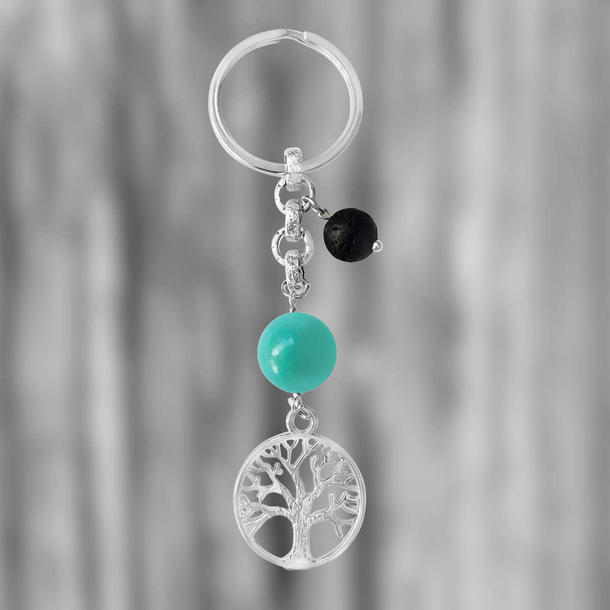 Tree of Life Keychain for Grounding with Turquoise and Lava Stone